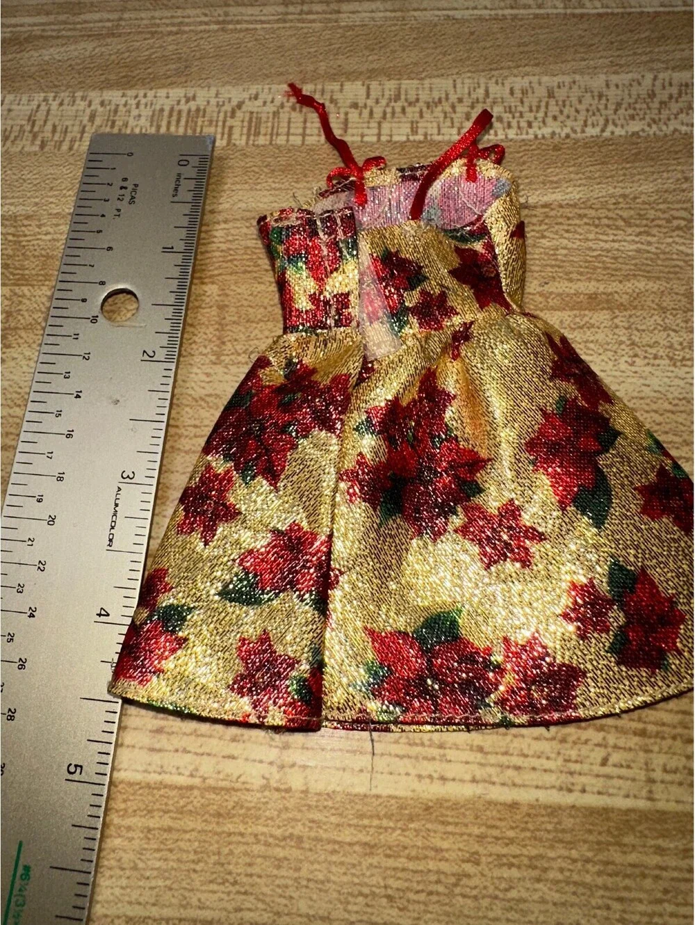 Barbie Doll Dress Gold Red Floral Poinsettia Holiday Costume Outfit Size Small